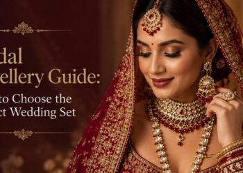 Indian bride wearing an elegant bridal jewellery set featuring Polki necklace earrings maang tikka and bangles representing a complete bridal jewellery guide
