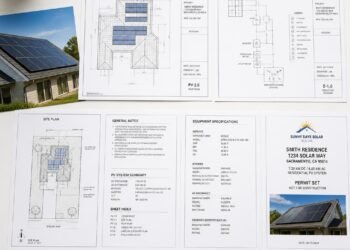 gpt image 2 A flat lay of permit ready solar plan set documents spread on a clean white desk 0