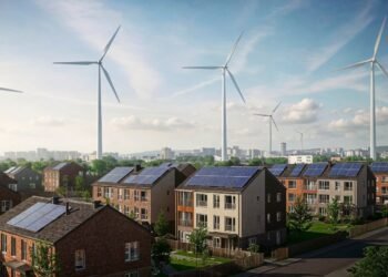 sustainable eco friendly community with wind turbines solar panels