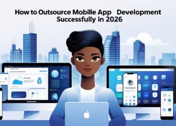 How to Outsource Mobile App Development Successfully in 2026 Phoenix 10 A modern digital illustration of a person sitting i 2