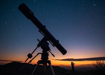lucid origin A large equatorial telescope mount with counterweights and a long refractor tube 0