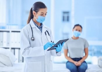medical doctor tablet with woman consultation hospital clinic checkup digital test results patient with healthcare professional pandemic protection covid compliance care 590464 456811