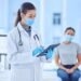 medical doctor tablet with woman consultation hospital clinic checkup digital test results patient with healthcare professional pandemic protection covid compliance care 590464 456811