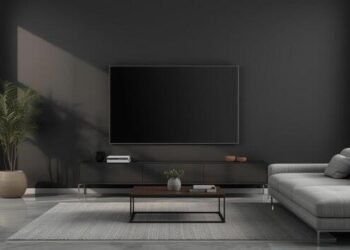 minimalist modern living room interior with flat screen tv wall mounted sleek black walls contemporary sofa low coffee table indoor plant and soft natural lighting photo 1