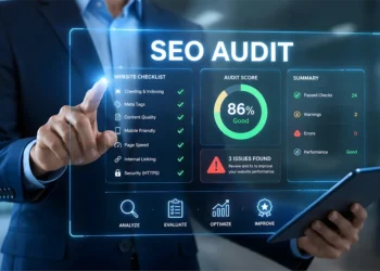 SEO Audit Dubai showing a professional reviewing website performance technical SEO and audit results