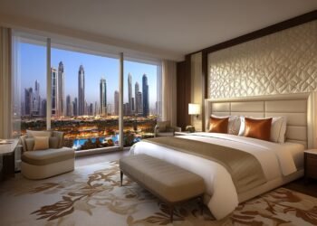 luxurious hotel bedroom with city skyline view 2